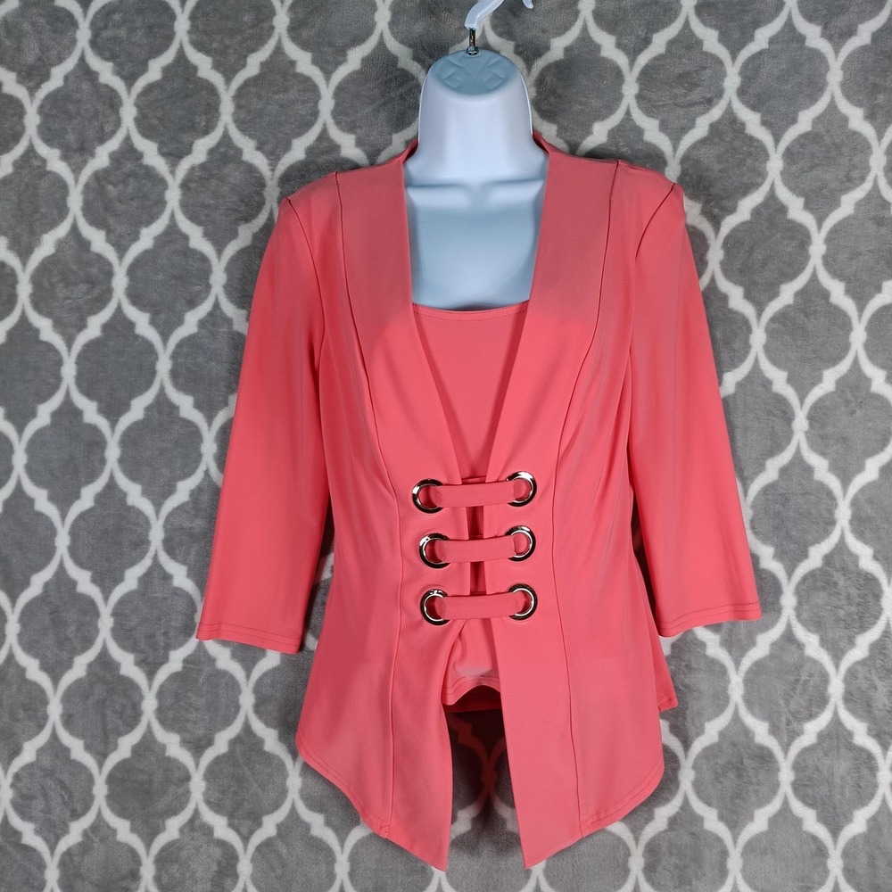 Joseph Ribkoff Top Womens 6 Pink Coral 3/4 Sleeve Shawl Grommet Detail Office